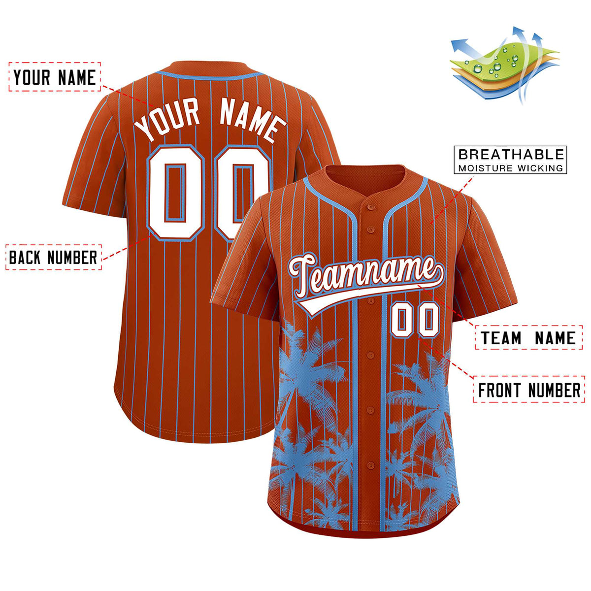 Custom Texas Orange Light Blue Pinstripe Coconut Tree Pattern Authentic Baseball Jersey