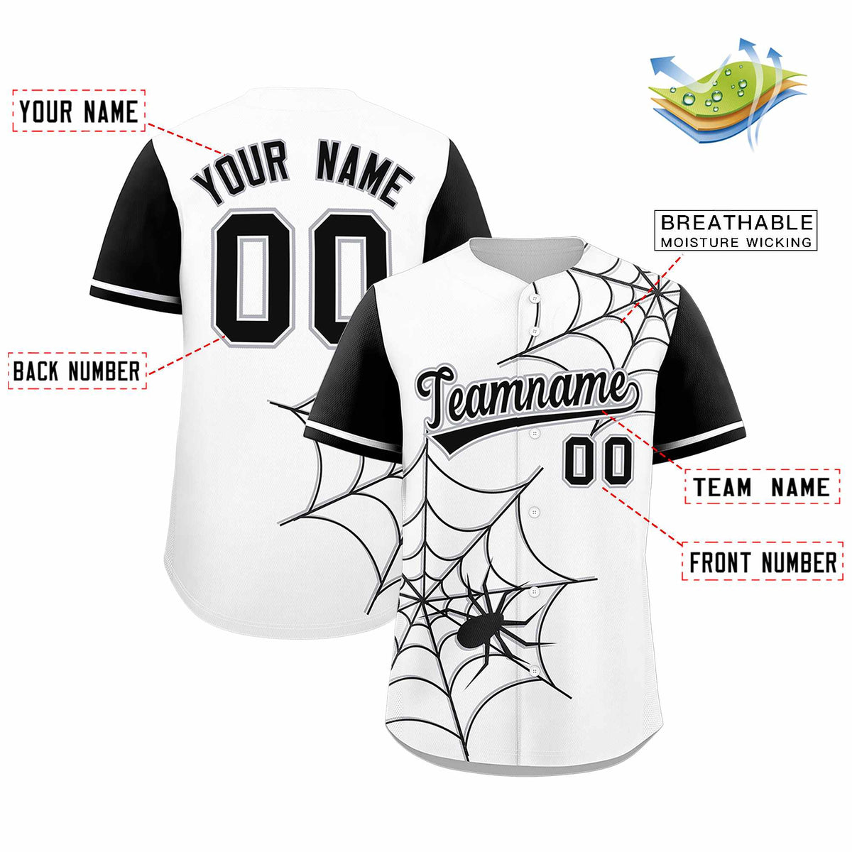 Custom White Black Spider Web Pattern Raglan Sleeves Authentic Baseball Jersey