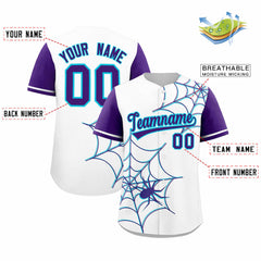 Custom White Purple Spider Web Pattern Raglan Sleeves Authentic Baseball Jersey