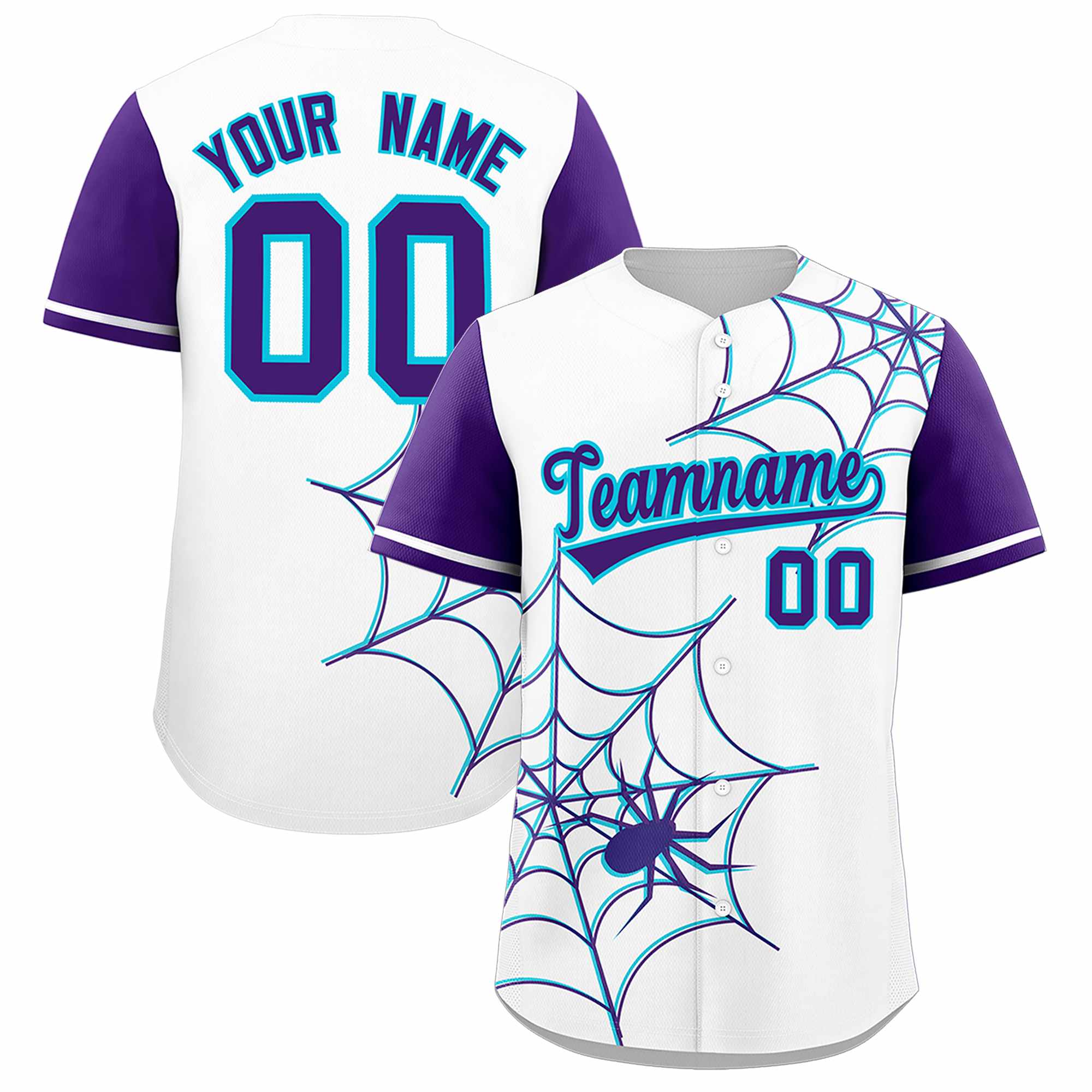 Custom White Purple Spider Web Pattern Raglan Sleeves Authentic Baseball Jersey