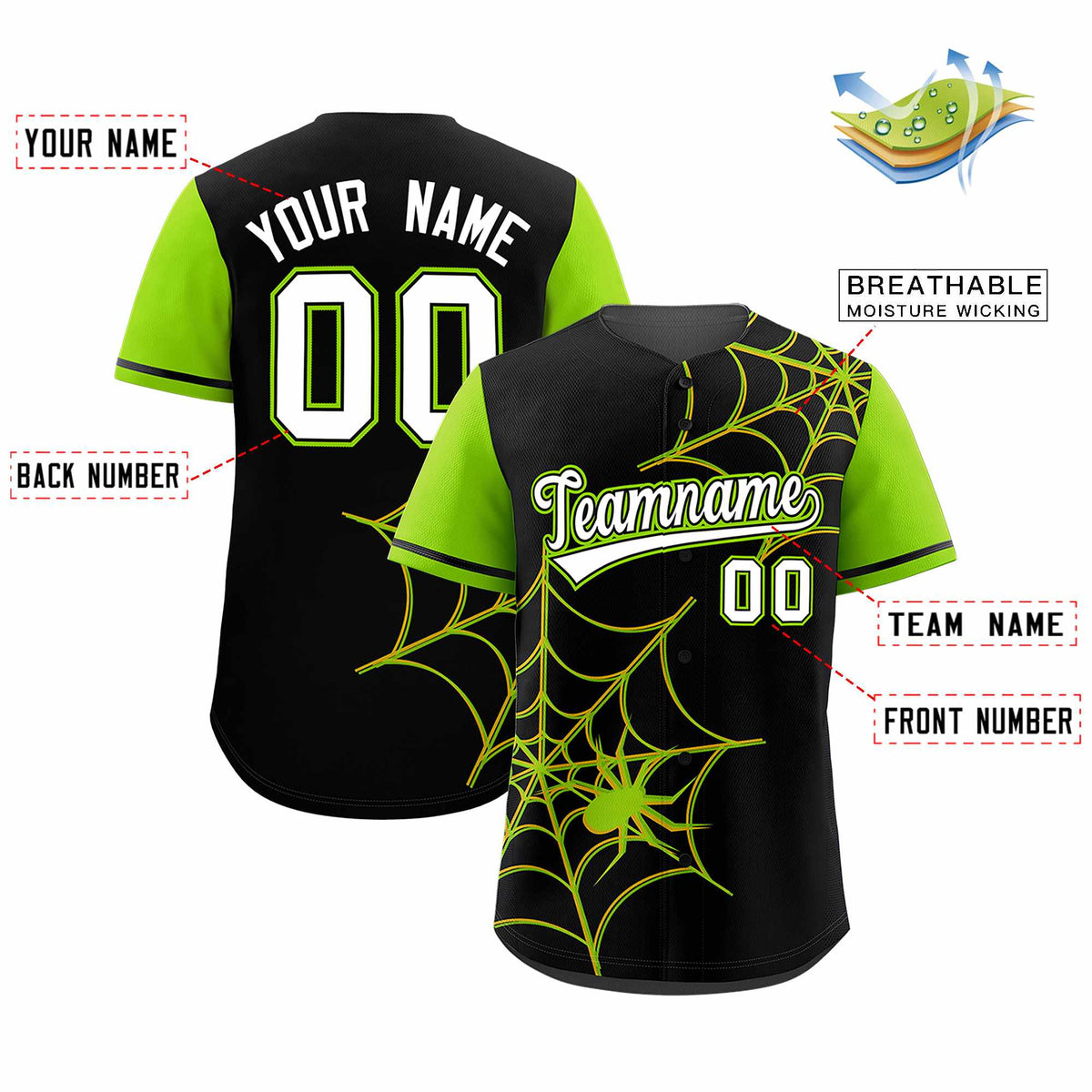Custom Black Neon Green Spider Web Pattern Raglan Sleeves Authentic Baseball Jersey
