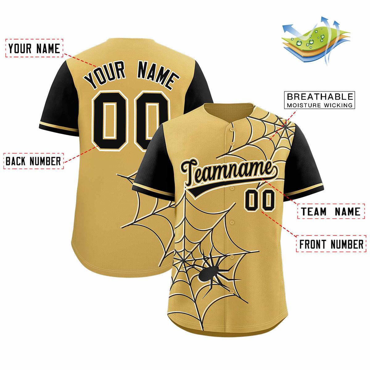 Custom Old Gold Black Spider Web Pattern Raglan Sleeves Authentic Baseball Jersey