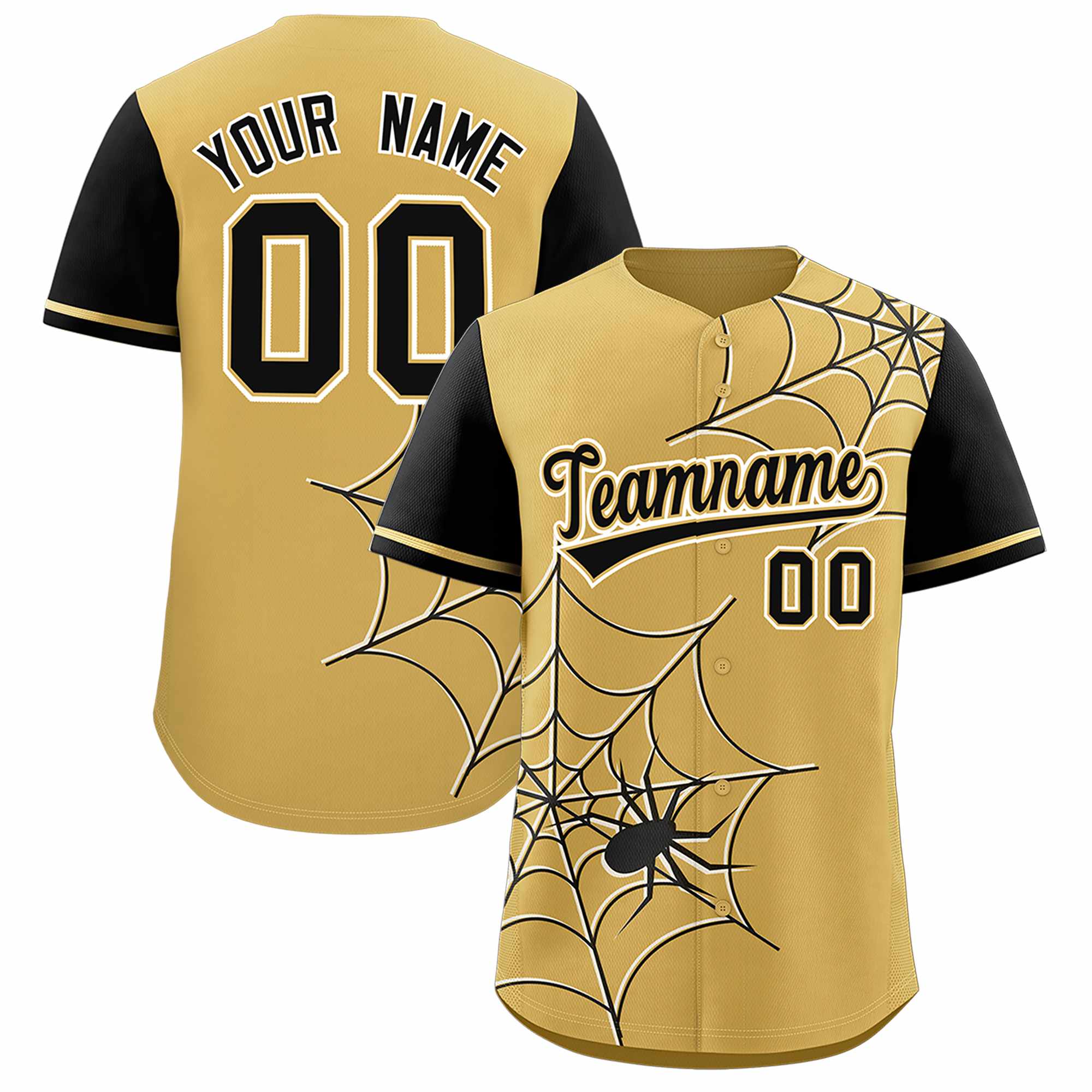 Custom Old Gold Black Spider Web Pattern Raglan Sleeves Authentic Baseball Jersey