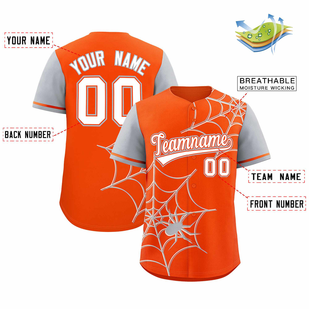Custom Orange Gray Spider Web Pattern Raglan Sleeves Authentic Baseball Jersey