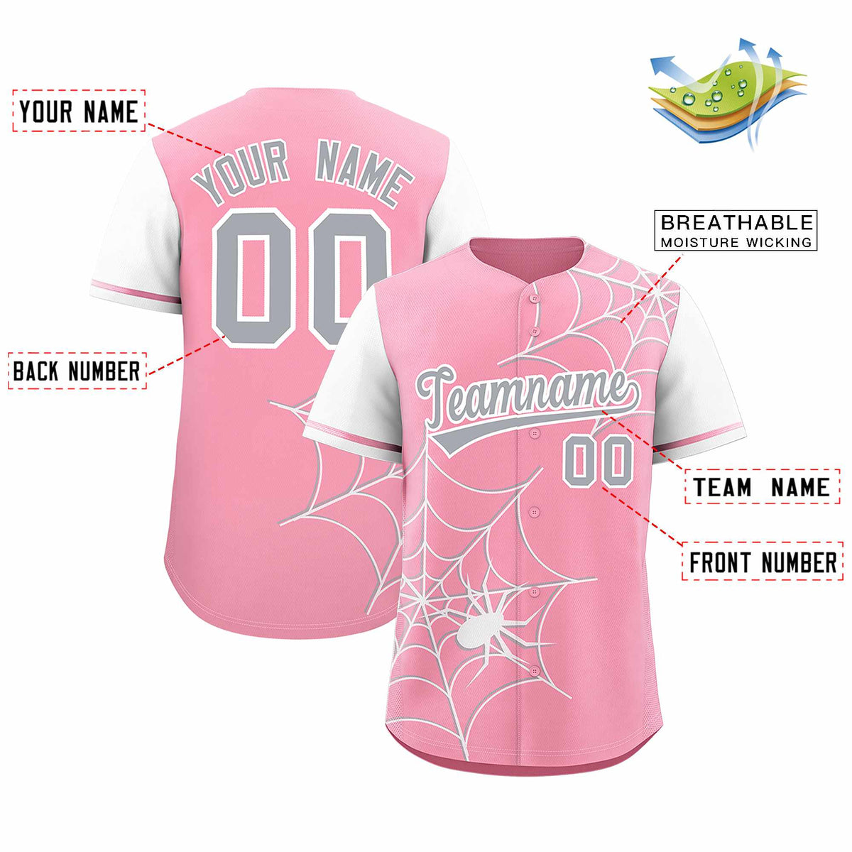 Custom Light Pink White Spider Web Pattern Raglan Sleeves Authentic Baseball Jersey