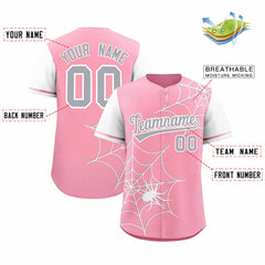 Custom Light Pink White Spider Web Pattern Raglan Sleeves Authentic Baseball Jersey