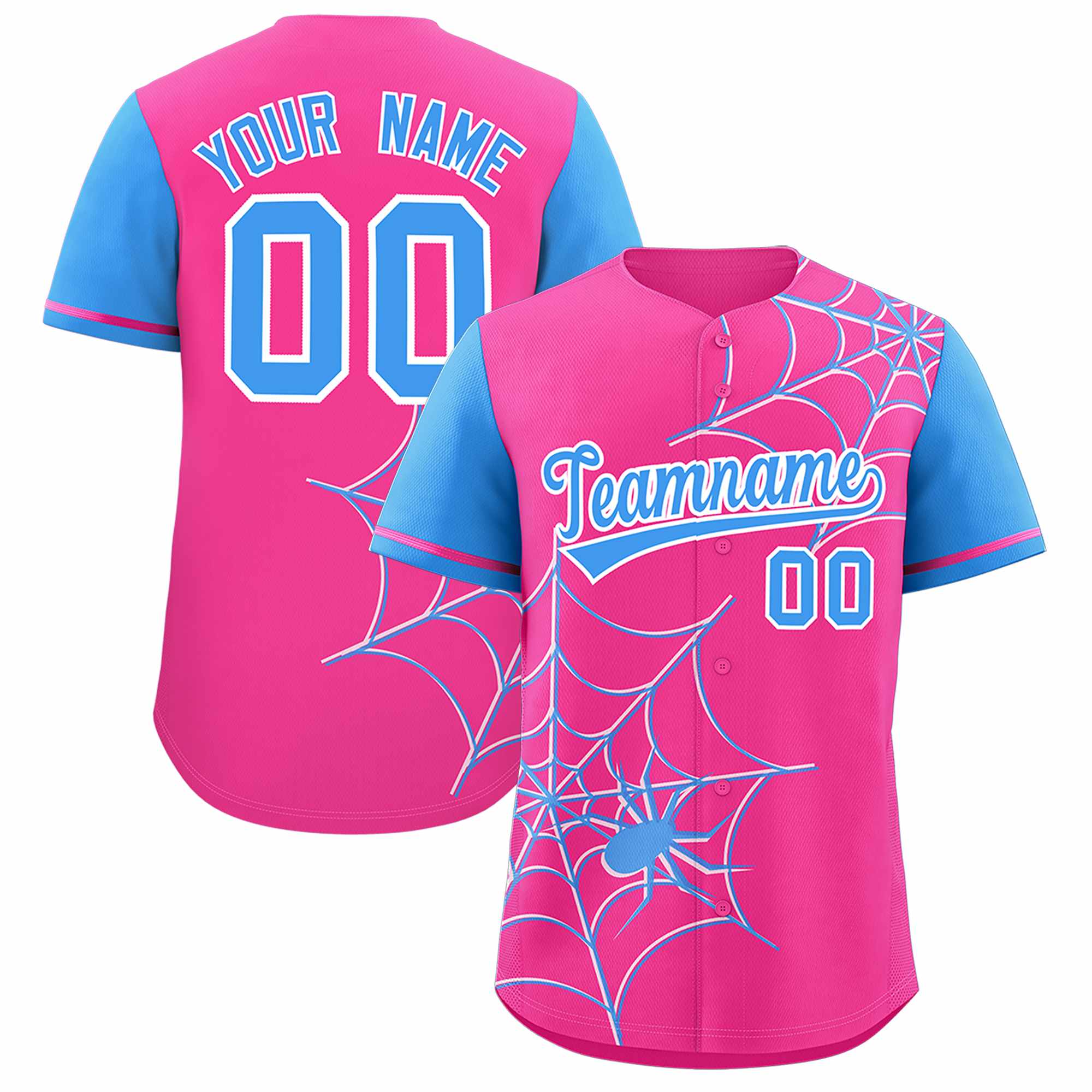 Custom Pink Powder Blue Spider Web Pattern Raglan Sleeves Authentic Baseball Jersey