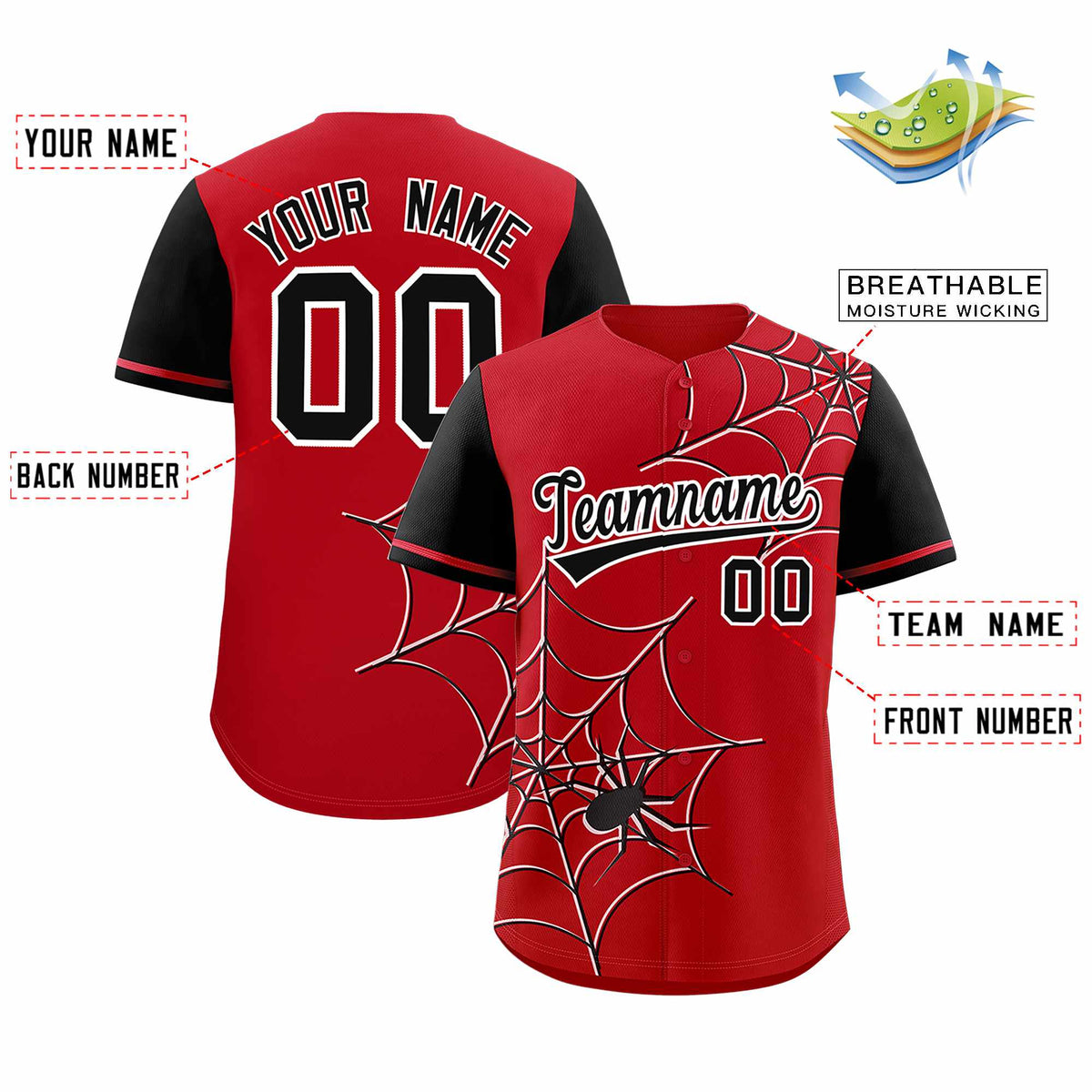 Custom Red Black Spider Web Pattern Raglan Sleeves Authentic Baseball Jersey