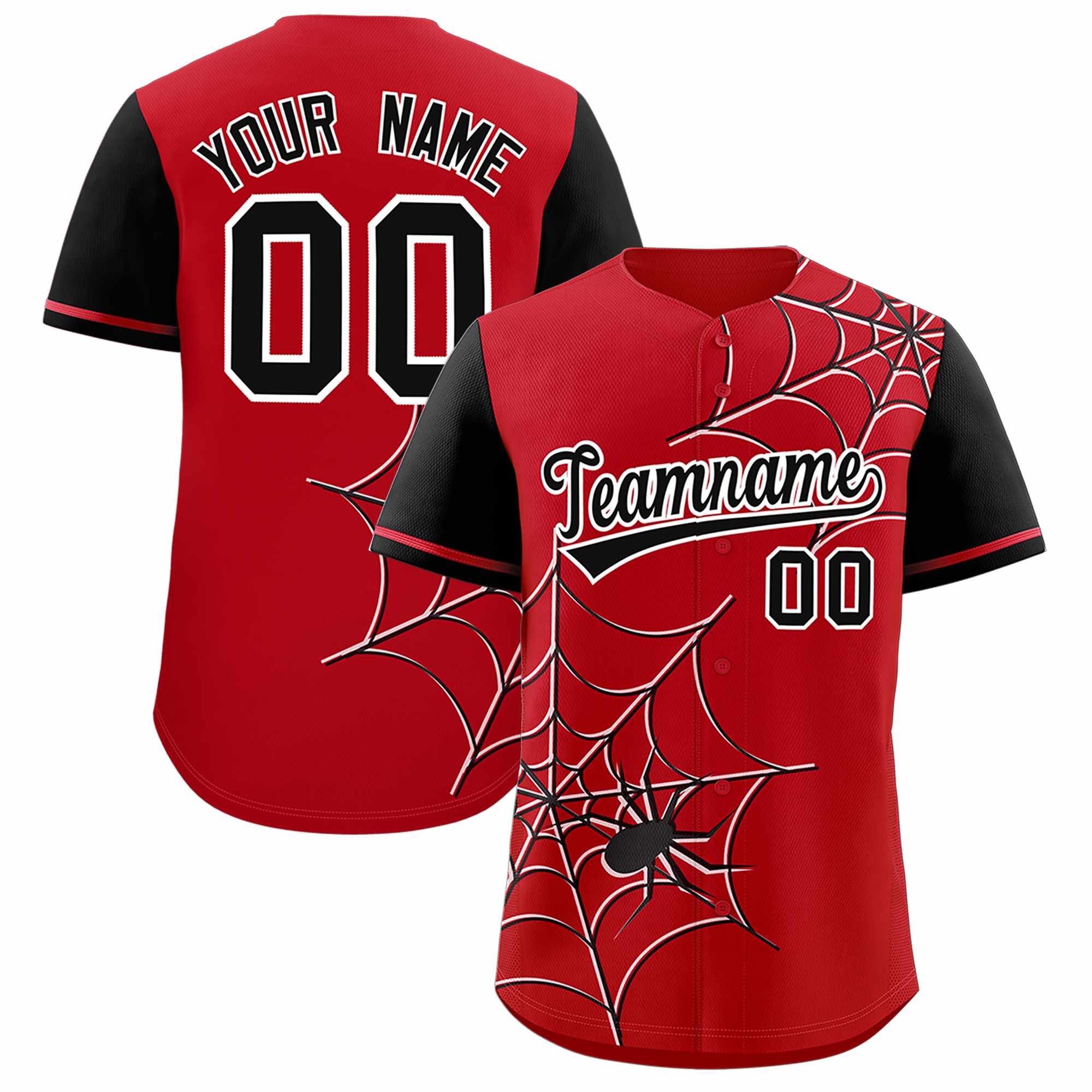 Custom Red Black Spider Web Pattern Raglan Sleeves Authentic Baseball Jersey