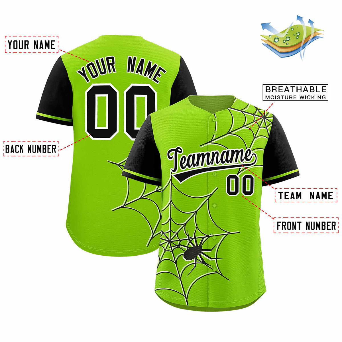 Custom Neon Green Black Spider Web Pattern Raglan Sleeves Authentic Baseball Jersey
