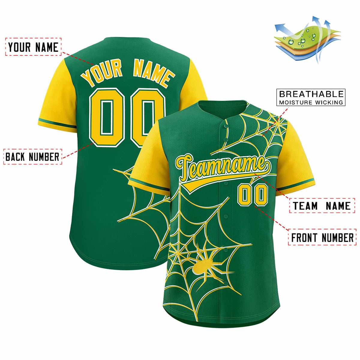 Custom Kelly Green Gold Spider Web Pattern Raglan Sleeves Authentic Baseball Jersey