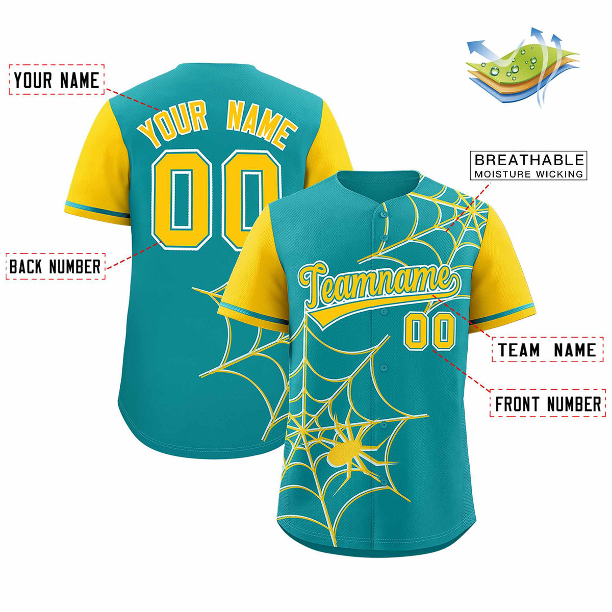 Custom Aqua Gold Spider Web Pattern Raglan Sleeves Authentic Baseball Jersey