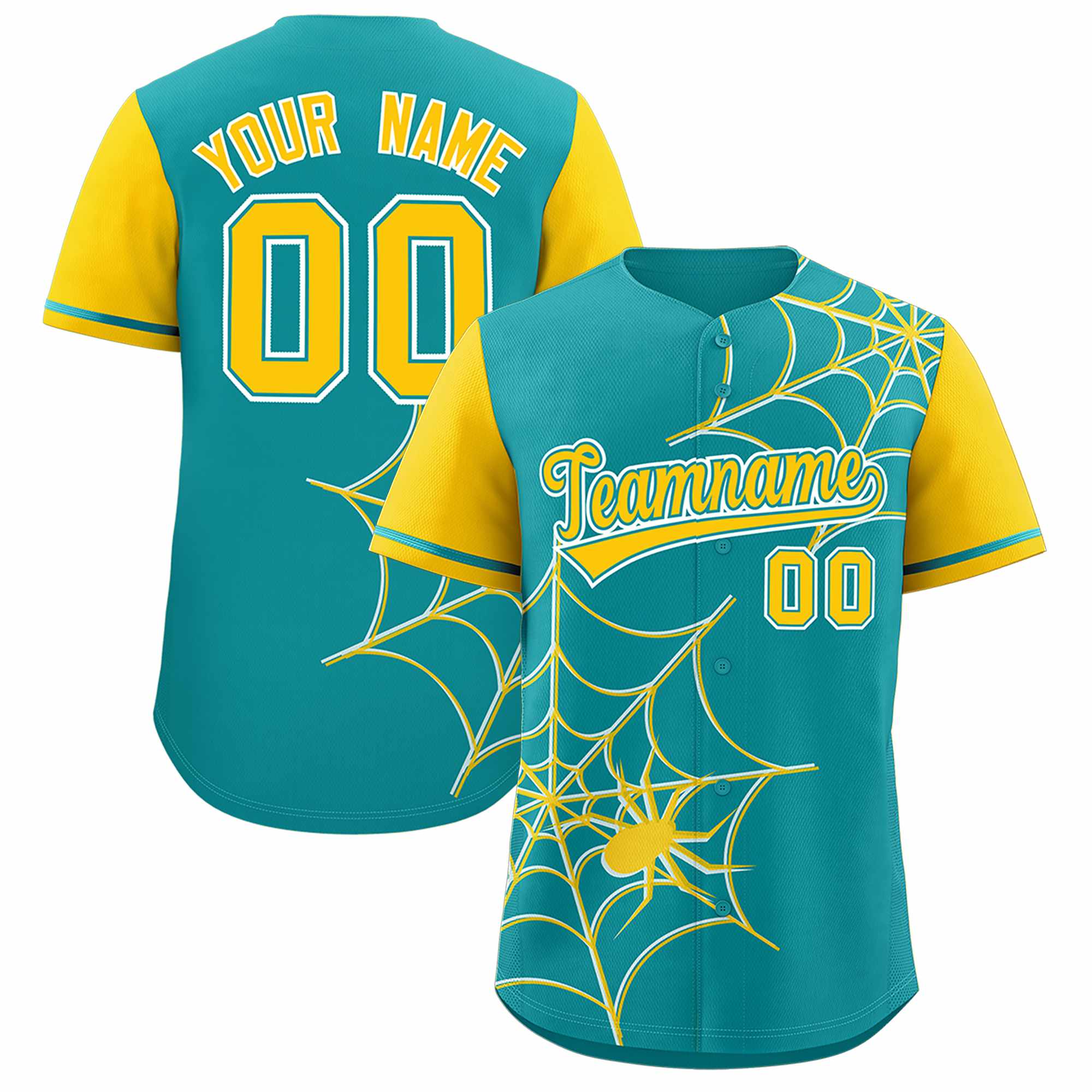 Custom Aqua Gold Spider Web Pattern Raglan Sleeves Authentic Baseball Jersey