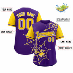Custom Purple Gold Spider Web Pattern Raglan Sleeves Authentic Baseball Jersey