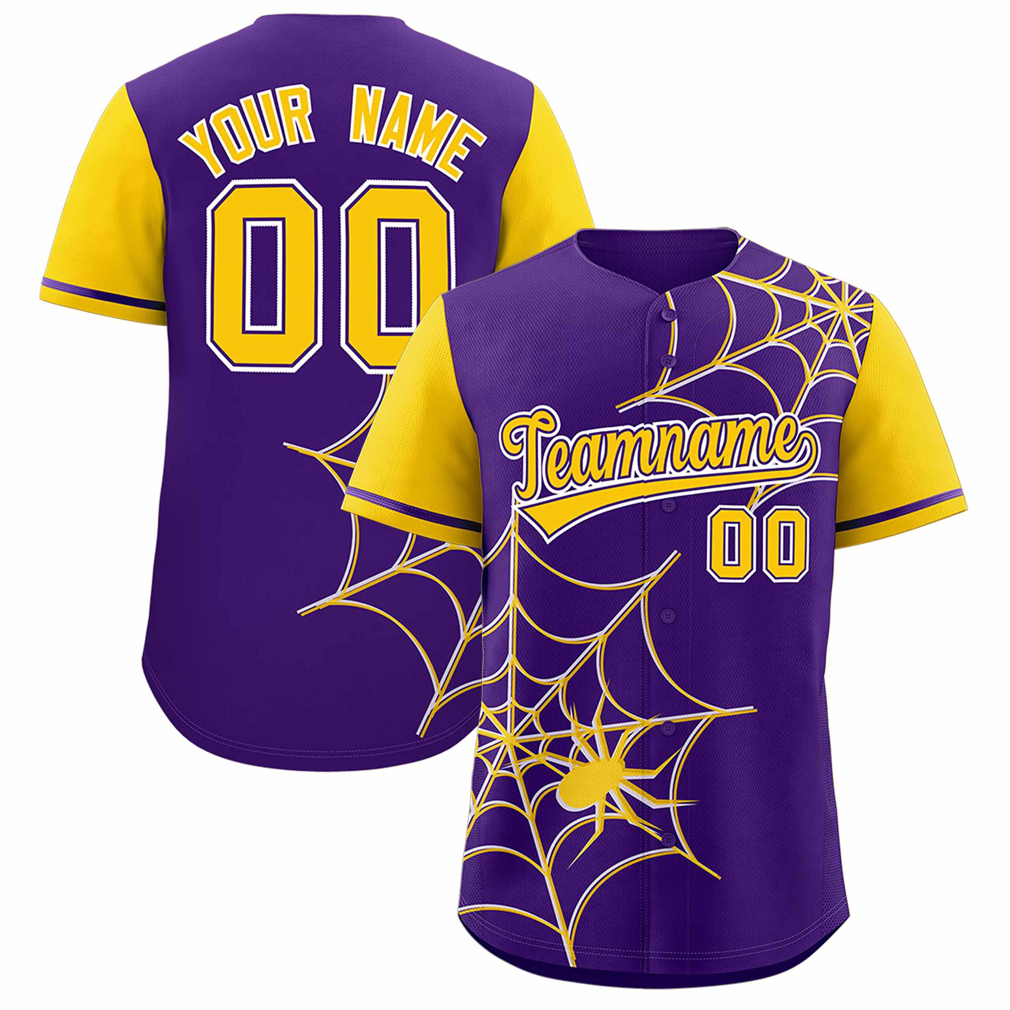 Custom Purple Gold Spider Web Pattern Raglan Sleeves Authentic Baseball Jersey