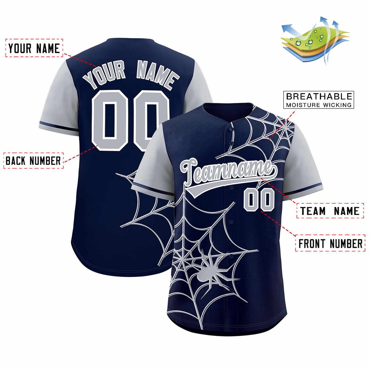 Custom Navy Gray Spider Web Pattern Raglan Sleeves Authentic Baseball Jersey
