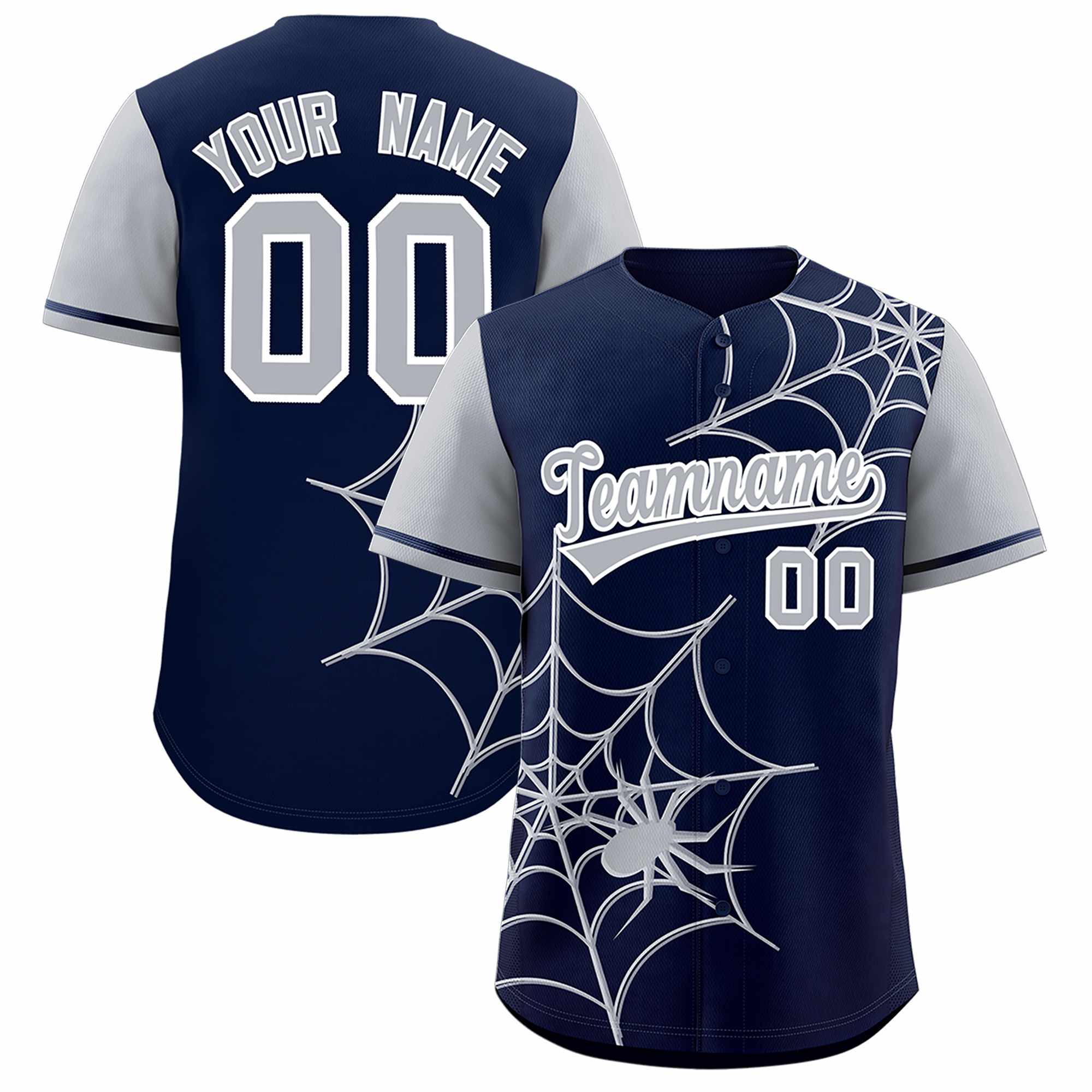 Custom Navy Gray Spider Web Pattern Raglan Sleeves Authentic Baseball Jersey