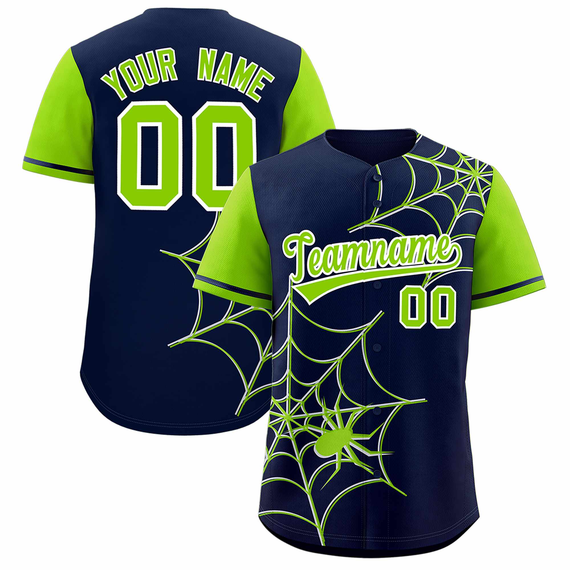 Custom Navy Neon Green Spider Web Pattern Raglan Sleeves Authentic Baseball Jersey