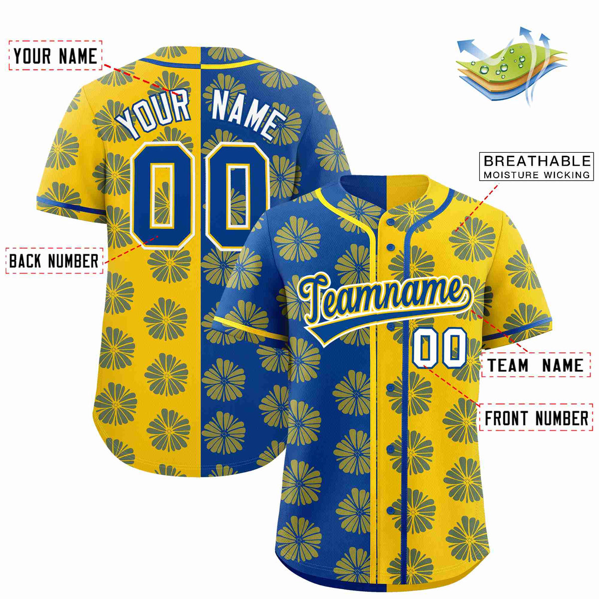 Custom Royal Gold Split Fashion Flower Graffiti Pattern Authentic Baseball Jersey