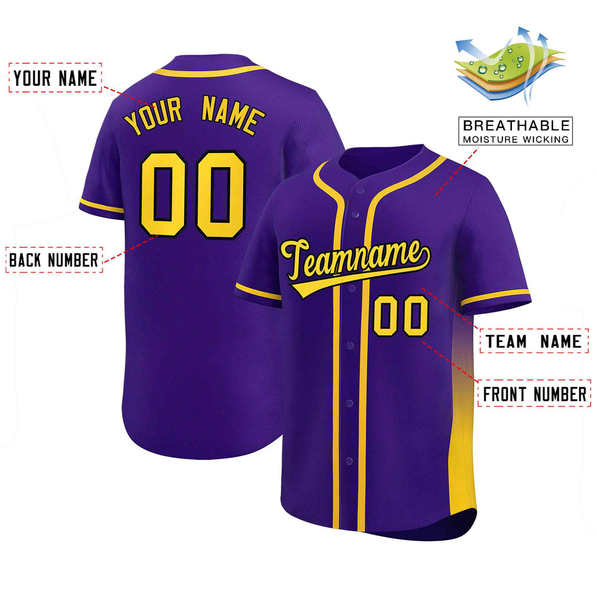 Custom Purple Gold Personalized Gradient Side Design Authentic Baseball Jersey