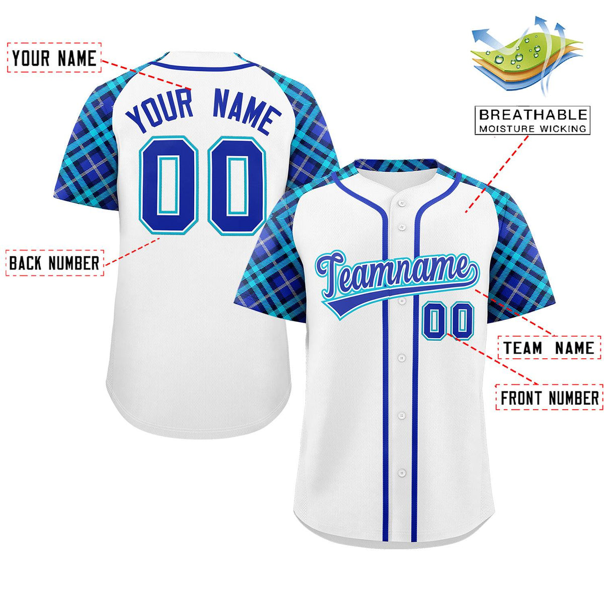 Custom White Royal-Sky Blue Personalized Raglan Sleeves Authentic Baseball Jersey