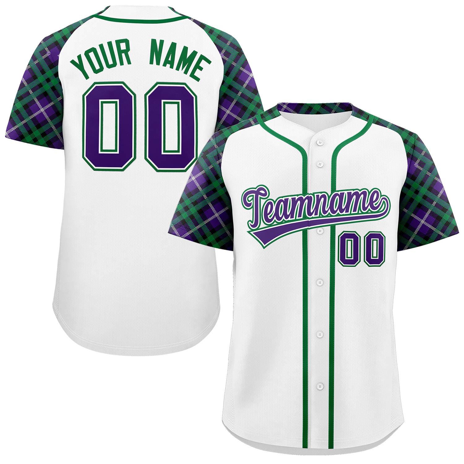 Custom White Purple-Kelly Green Personalized Raglan Sleeves Authentic Baseball Jersey