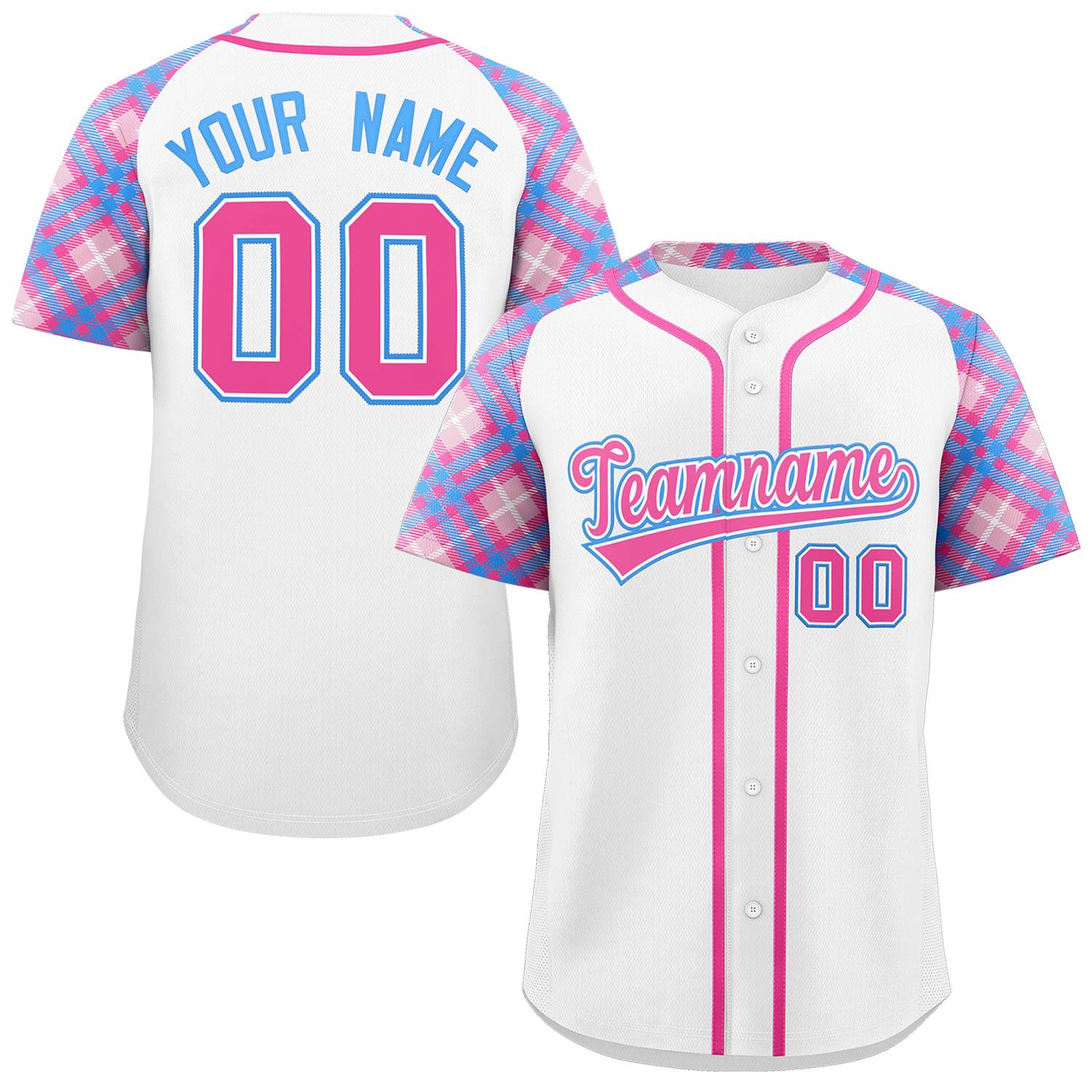 Custom White Pink-Powder Blue Personalized Raglan Sleeves Authentic Baseball Jersey