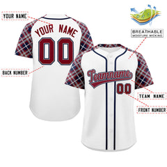 Custom White Crimson-Navy Personalized Raglan Sleeves Authentic Baseball Jersey