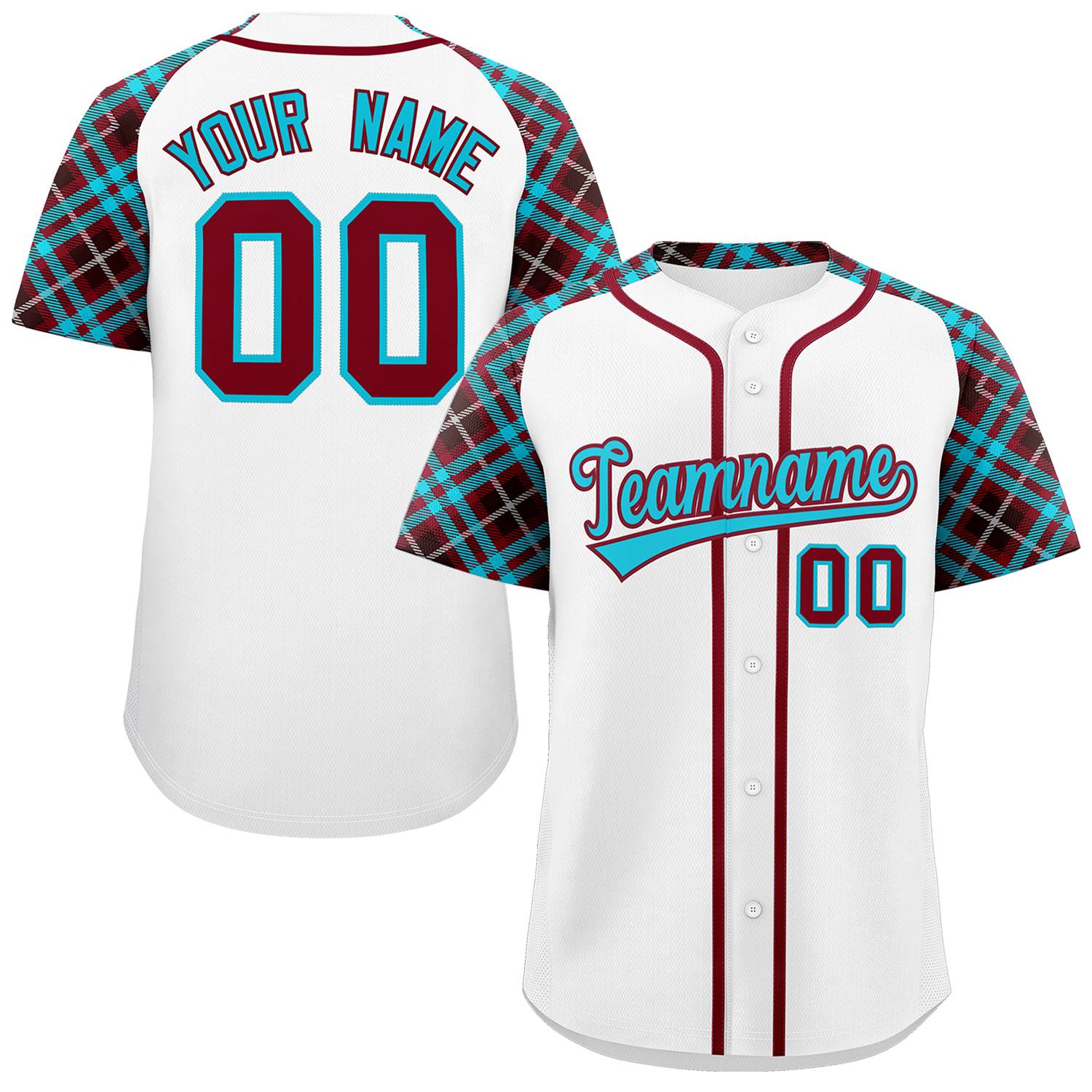 Custom White Sky Blue-Crimson Personalized Raglan Sleeves Authentic Baseball Jersey