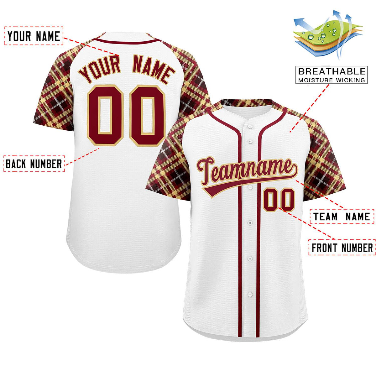 Custom White Crimson-Khaki Personalized Raglan Sleeves Authentic Baseball Jersey