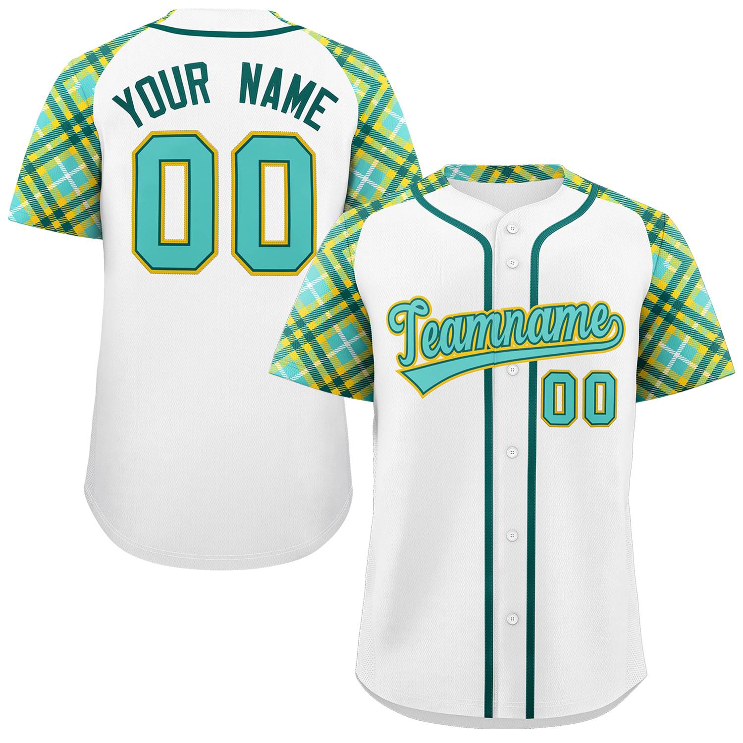 Custom White Bright Green-Gold Personalized Raglan Sleeves Authentic Baseball Jersey