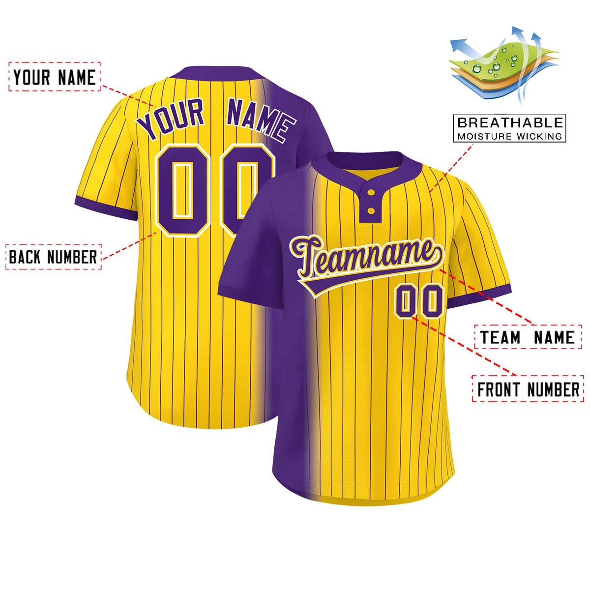 Custom Purple Gold Gradient Stripe Fashion Authentic Two-Button Baseball Jersey