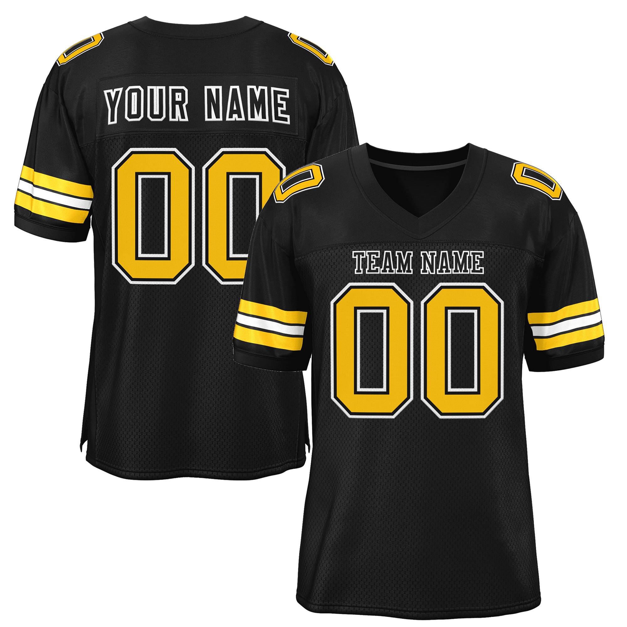 Custom Black Gold-White Classic Style Mesh Authentic Football Jersey