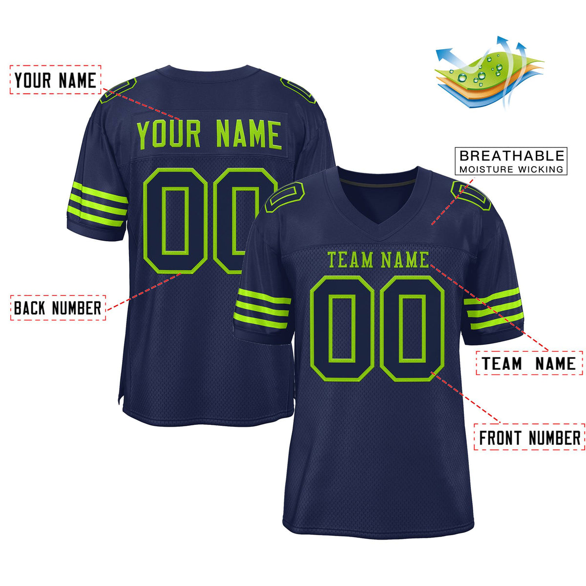 Custom Navy Blue Neon Green-Navy Classic Style Mesh Authentic Football Jersey
