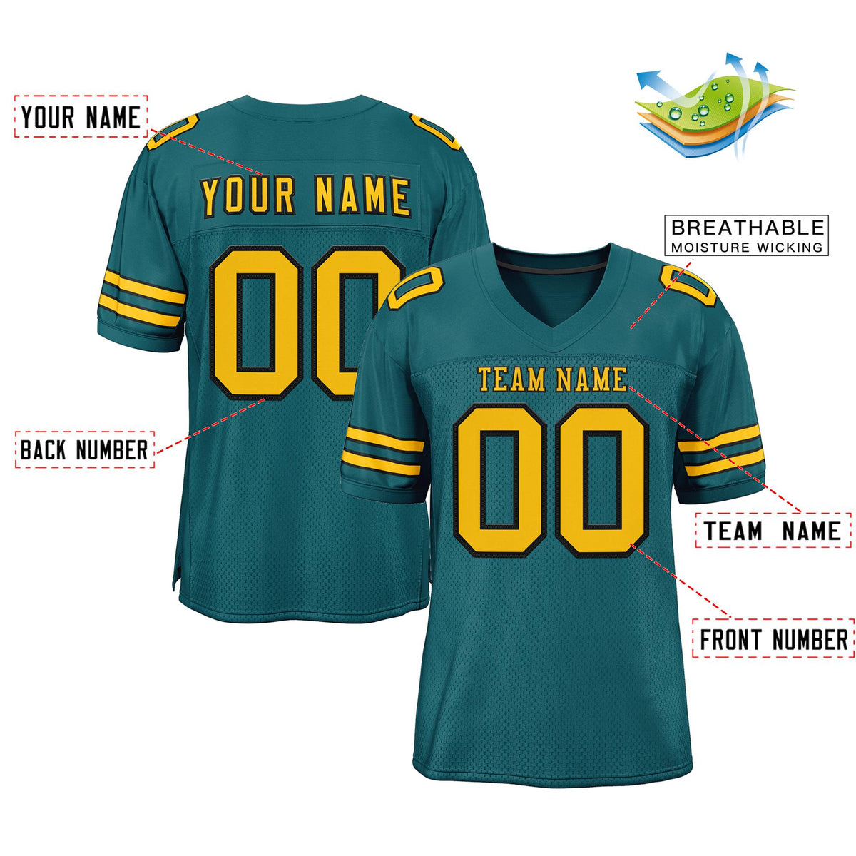 Custom Teal Gold-Black Classic Style Mesh Authentic Football Jersey