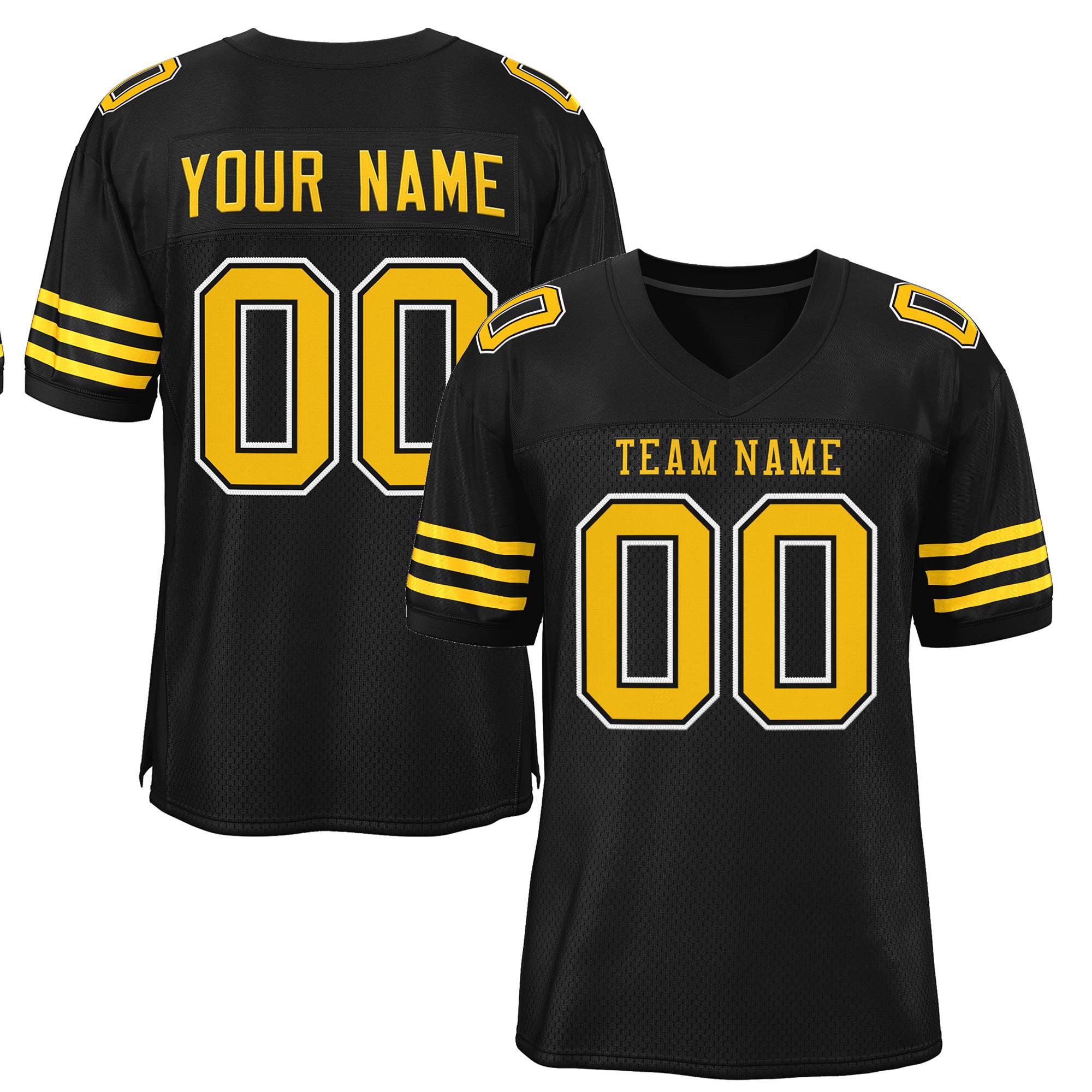 Custom Black Gold-Black Classic Style Mesh Authentic Football Jersey