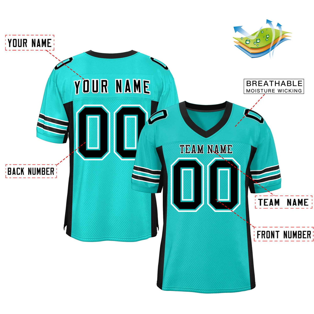 Custom Aqua Black Insert Color Design Mesh Authentic Football Jersey