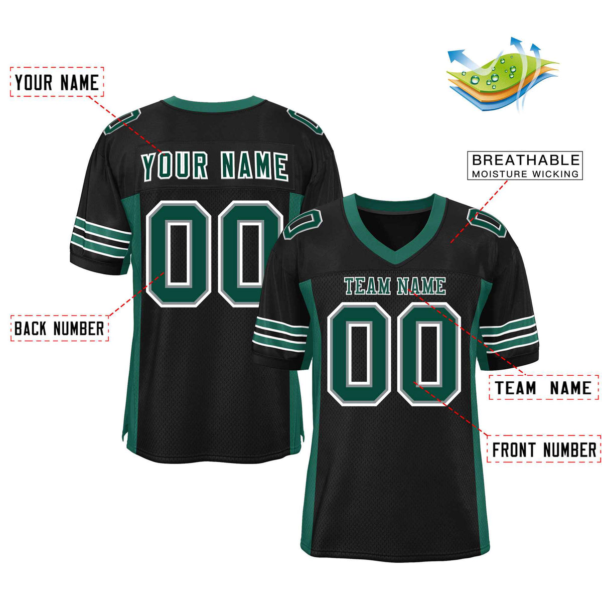 Custom Black Midnight Green Insert Color Design Mesh Authentic Football Jersey