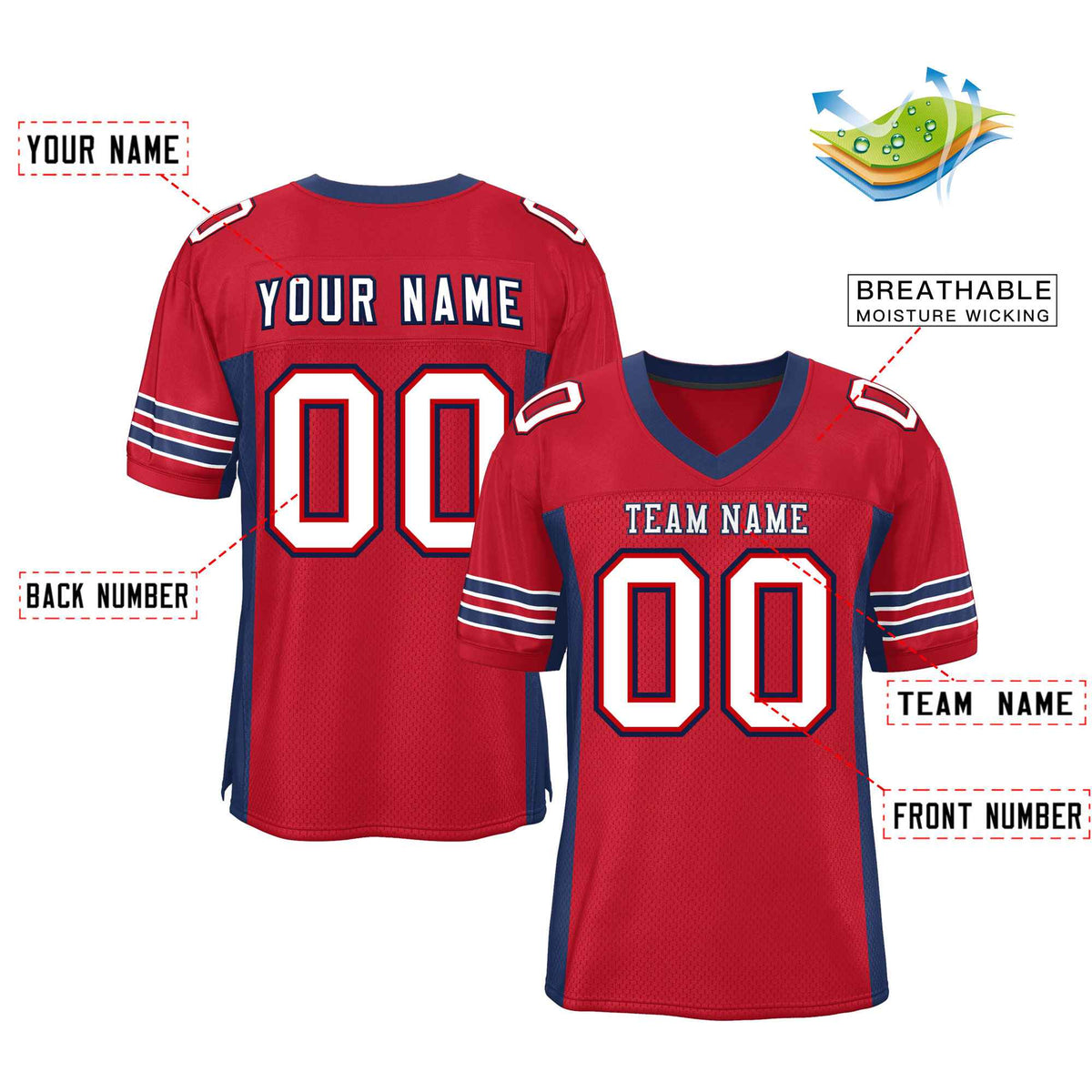 Custom Red Navy Insert Color Design Mesh Authentic Football Jersey