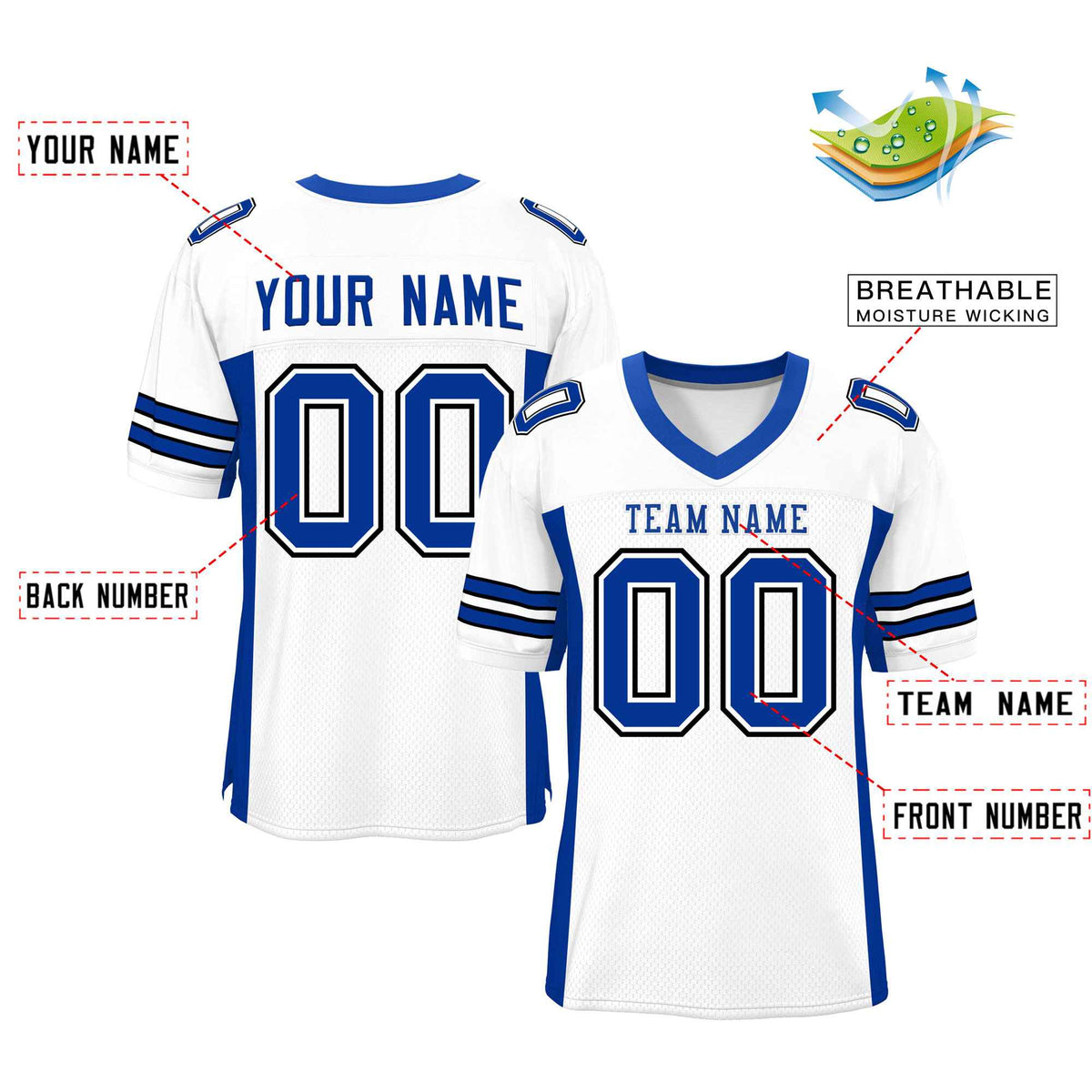 Custom White Royal Insert Color Design Mesh Authentic Football Jersey