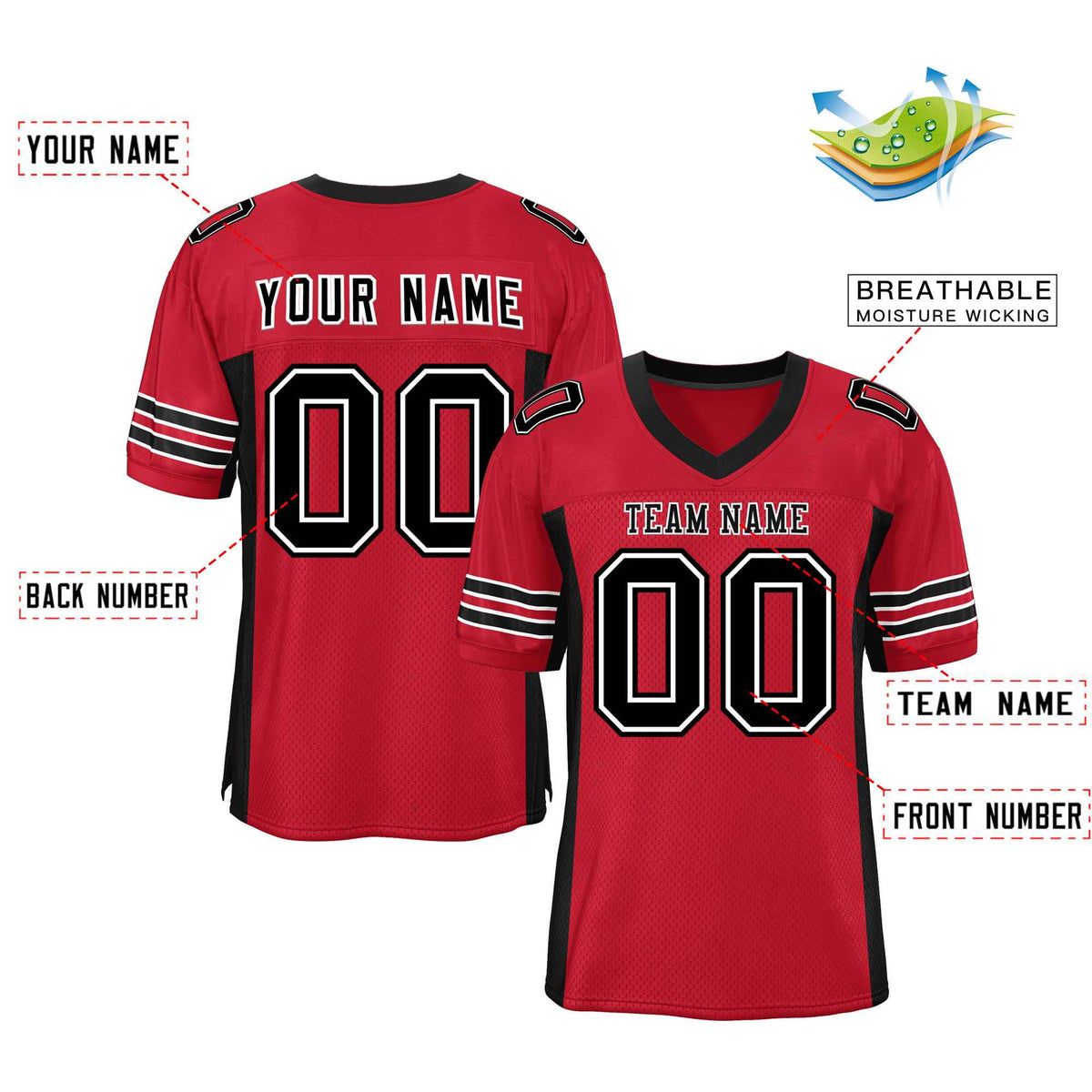 Custom Red Black Insert Color Design Mesh Authentic Football Jersey