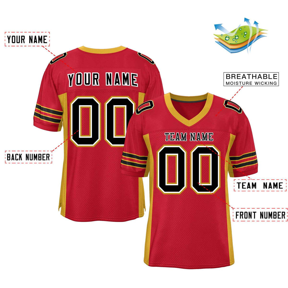 Custom Red Old Gold Insert Color Design Mesh Authentic Football Jersey