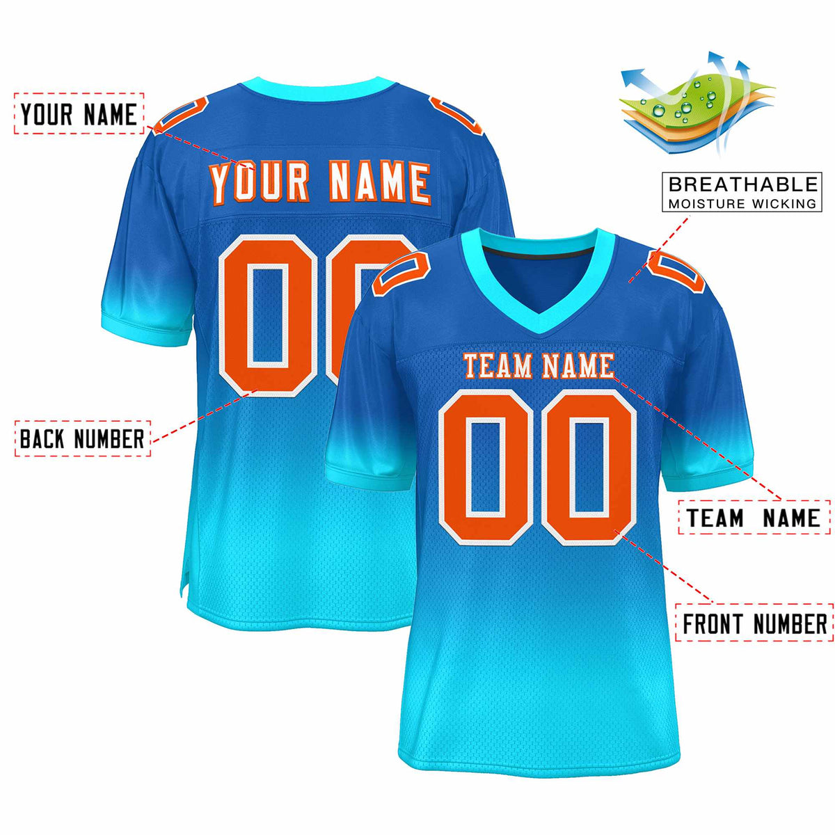 Custom Royal Light Blue-Orange Gradient Fashion Personalized Team Football Jersey