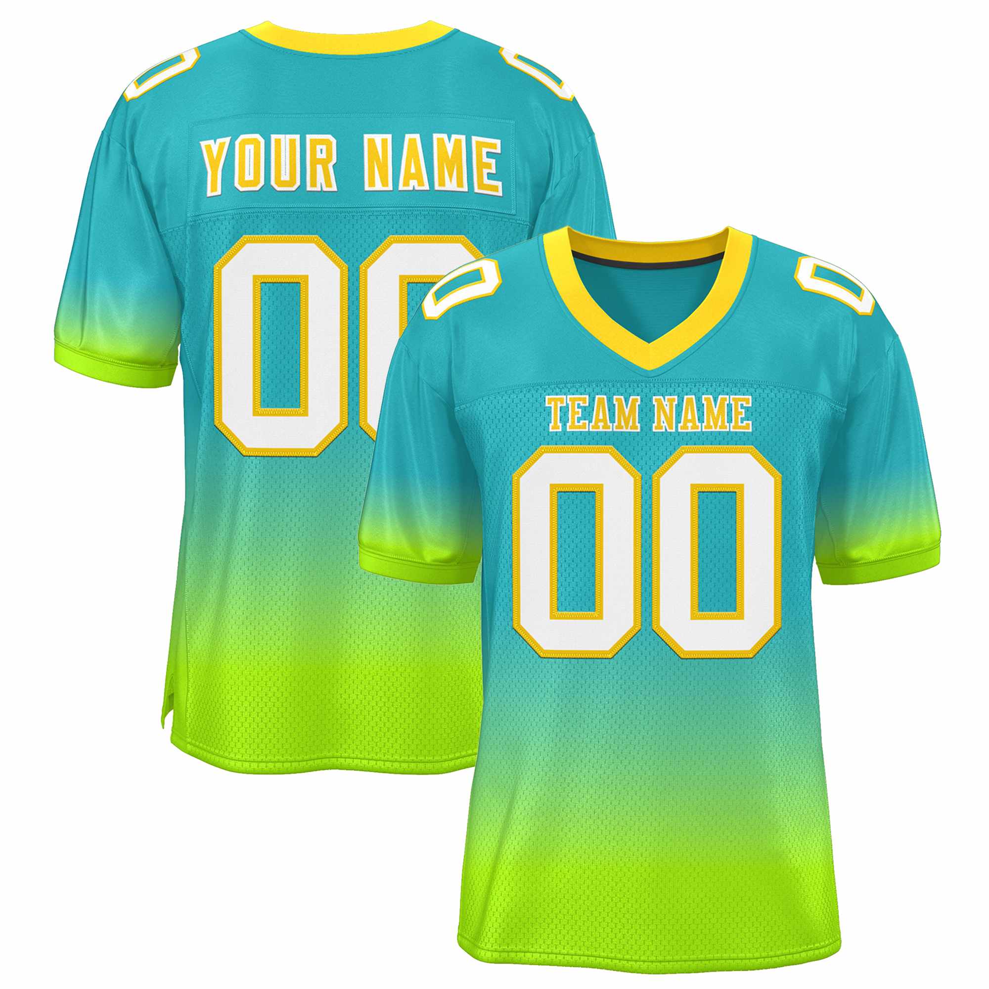 Custom Aqua Neon Green-White Gradient Fashion Personalized Team Football Jersey