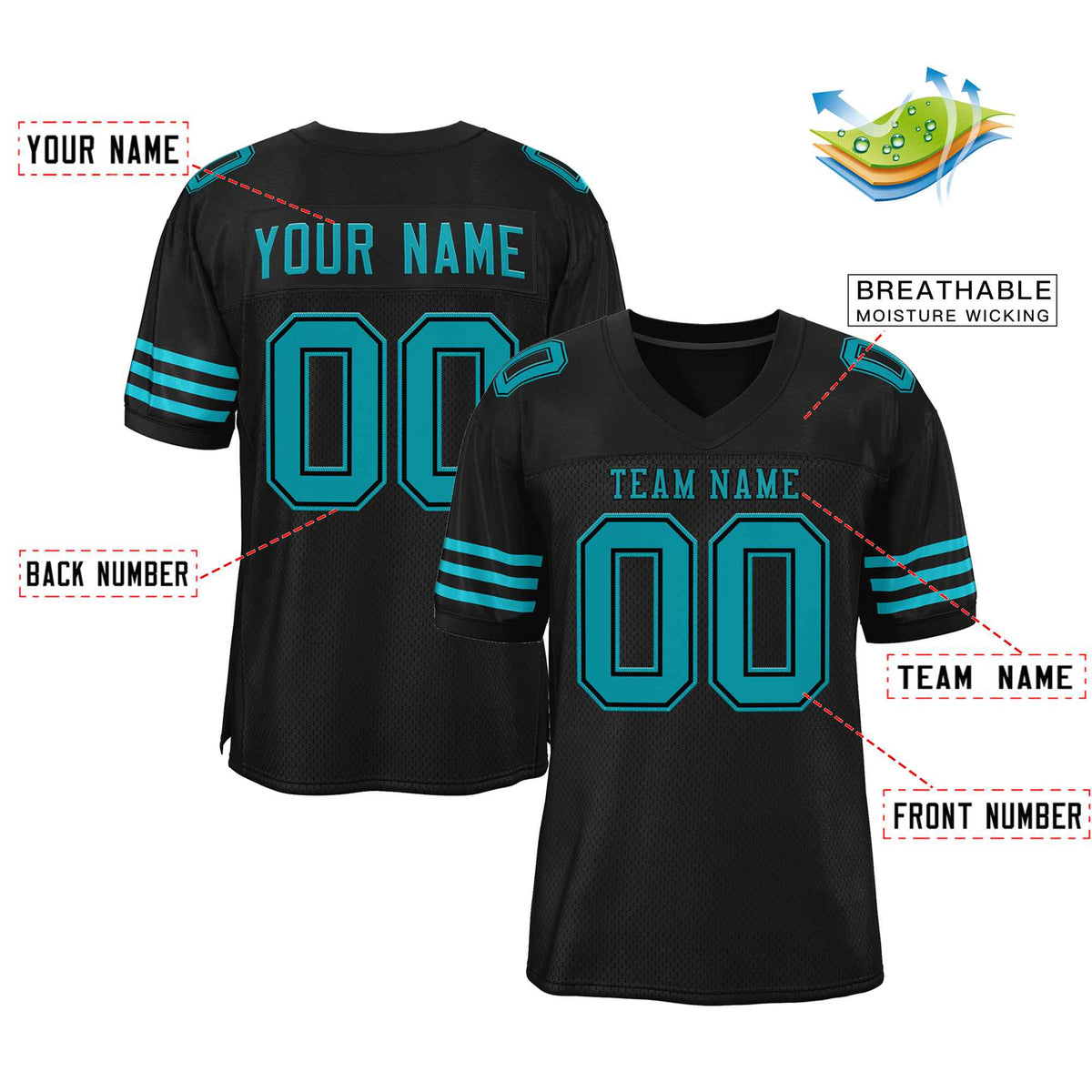 Custom Black Aqua-Black Classic Style Authentic Football Jersey