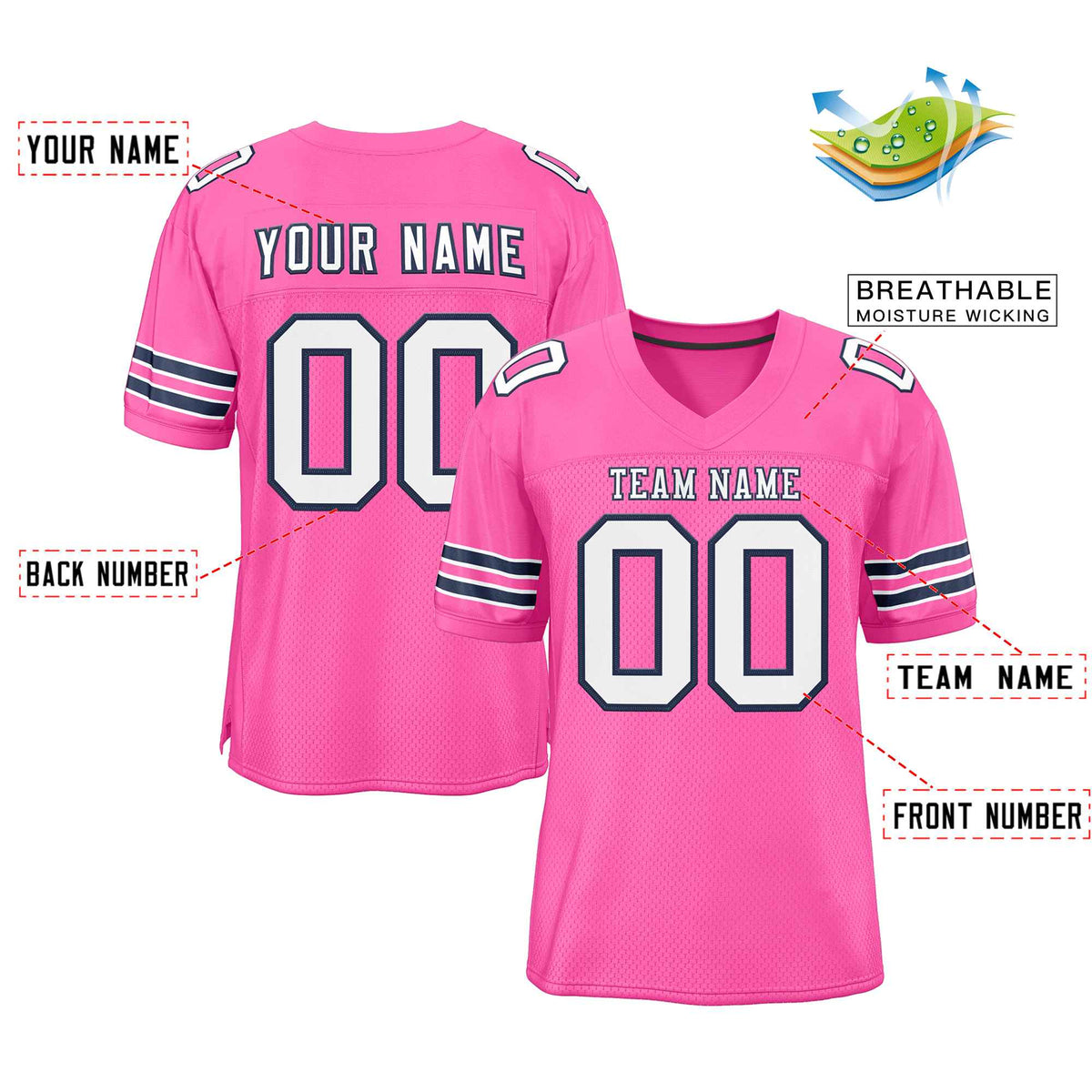 Custom Rose Pink White-Navy Classic Style Authentic Football Jersey