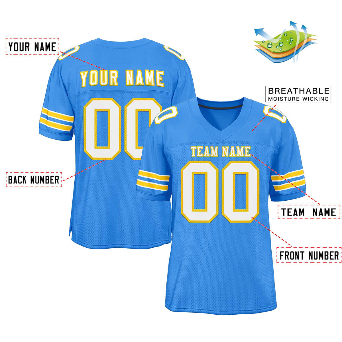 Custom Powder Blue White-Gold Classic Style Authentic Football Jersey