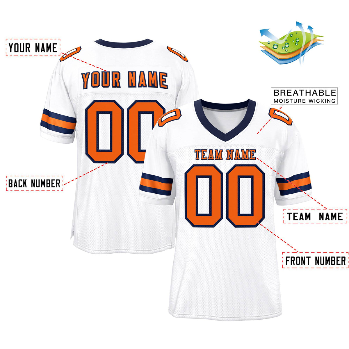 Custom White Orange-Navy Classic Style Mesh Authentic Football Jersey