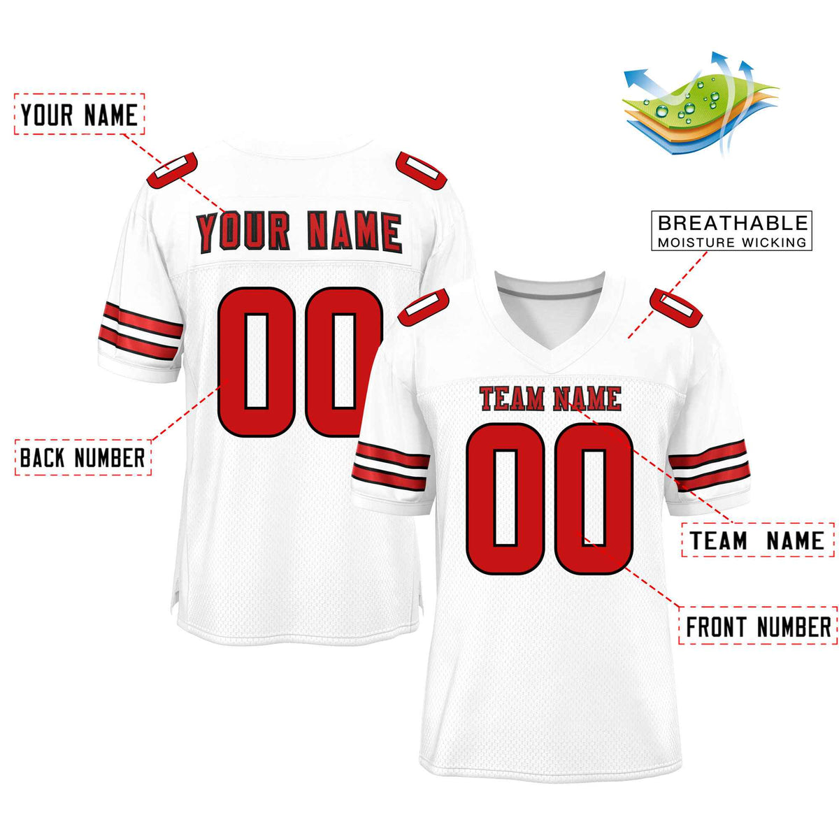 Custom White Red Classic Style Mesh Authentic Football Jersey