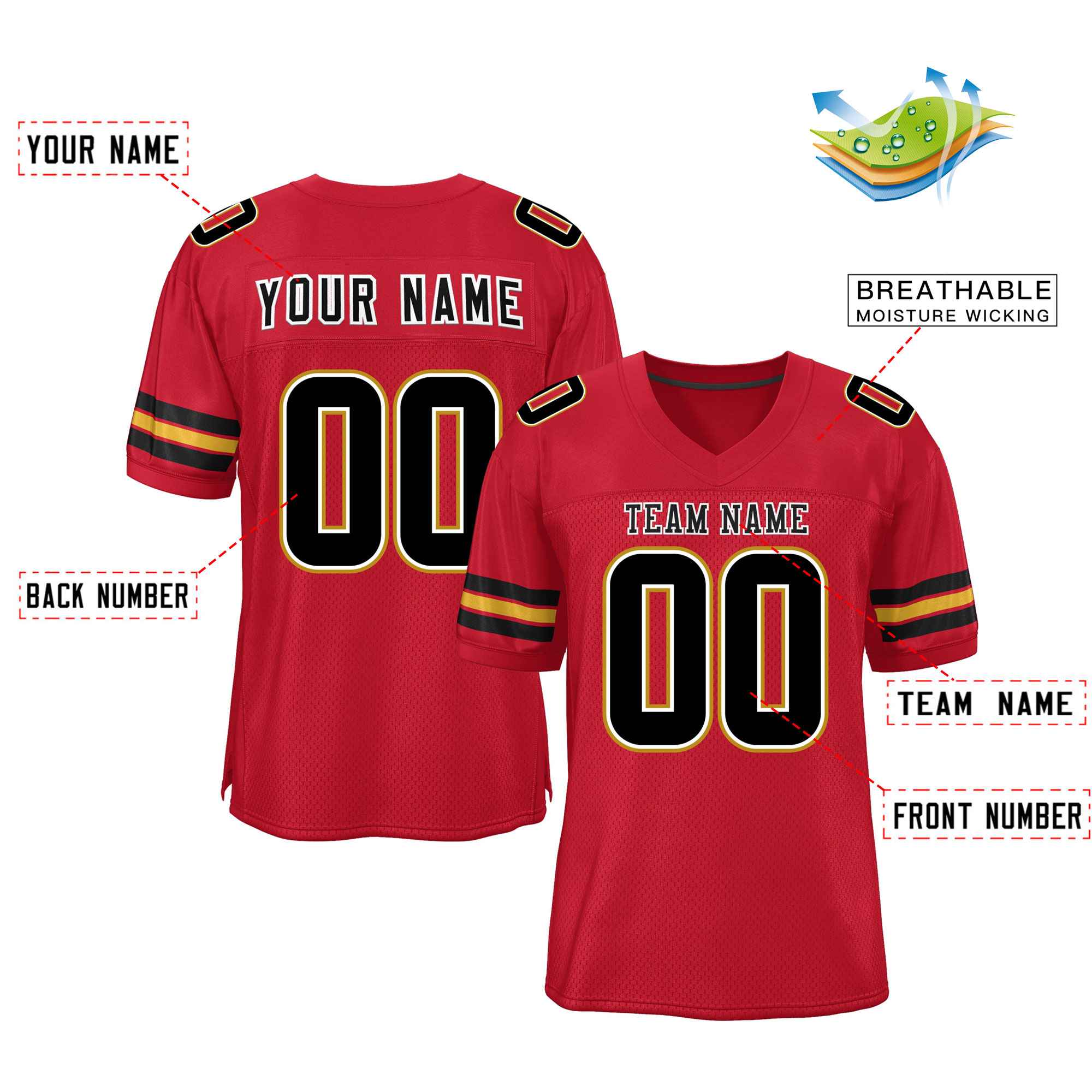 Custom Red Black-Old Gold Classic Style Mesh Authentic Football Jersey